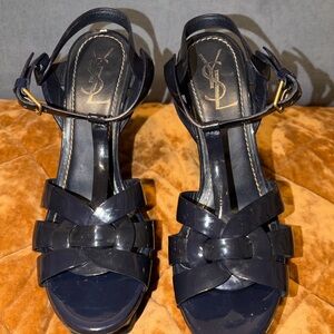 Yves Saint Laurent Navy Patent Leather Tribute Sandals